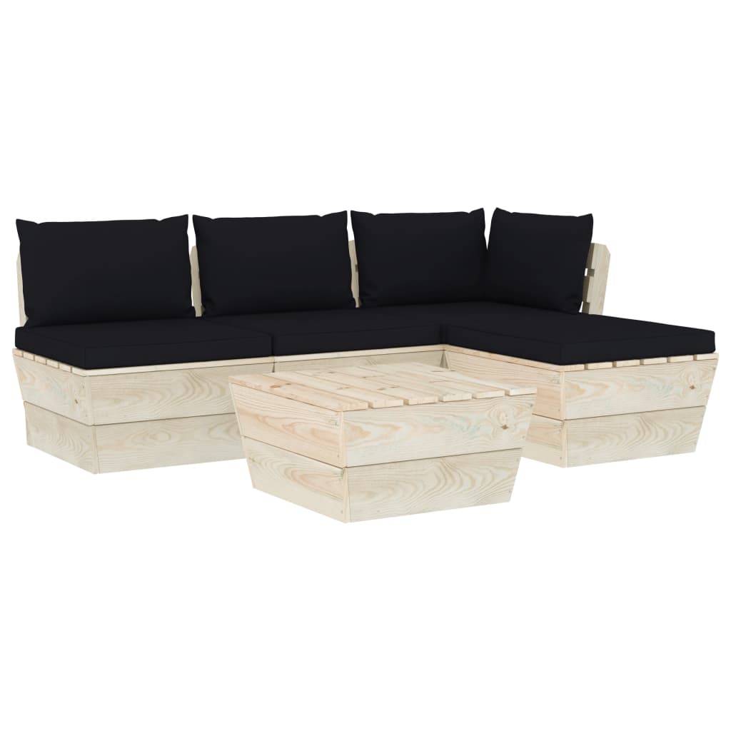 Set mobilier de gradina din paleti cu 5 piese cu 8 perne colorate incluse, vidaXL, Lemn, 60 x 60 x 65 cm, Negru