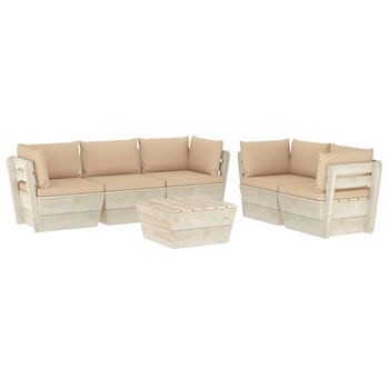 Set mobilier de gradina din paleti cu 6 piese cu perne bej, vidaXL, Lemn, 60 x 60 x 65 cm, Bej Set mobilier de gradina din paleti cu 6 piese cu perne bej, vidaXL, Lemn, 60 x 60 x 65 cm, Bej