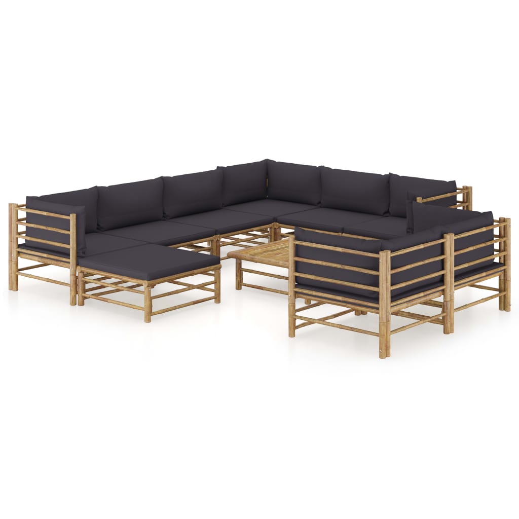 Set mobilier de gradina cu 10 piese cu perne colorate gri inchis incluse, vidaXL, Bambus, 65 x 70 x 60 cm, Maro