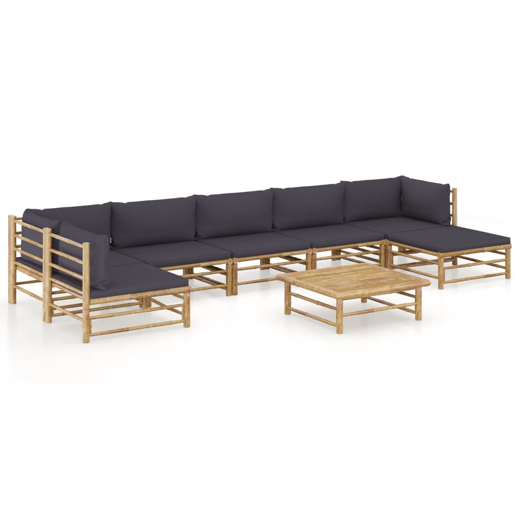 Set mobilier de gradina cu 8 piese cu perne gri inchis, vidaXL, Bambus, 65 x 70 x 60 cm, Maro