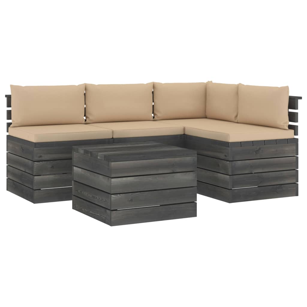 Set mobilier de gradina din 5 piese cu 9 perne colorate incluse, vidaXL, Lemn, 60 x 65 x 71.5 cm, Bej