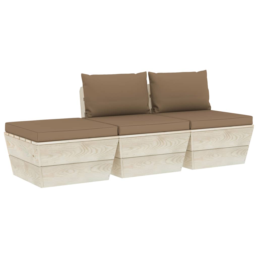 Set mobilier de gradina din paleti cu 3 piese cu 5 perne colorate incluse, vidaXL, Lemn, 60 x 60 x 65 cm, Maro taupe