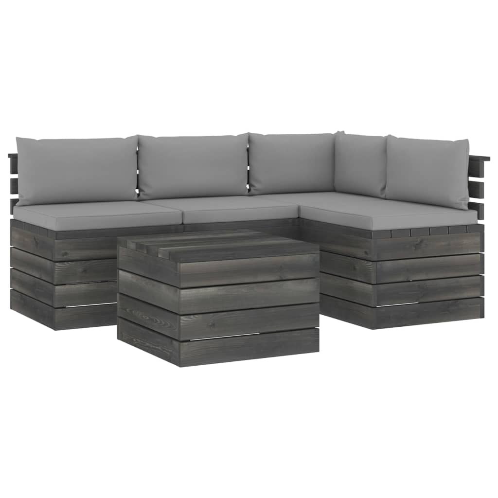 Set mobilier de gradina din 5 piese cu 9 perne colorate incluse, vidaXL, Lemn, 60 x 65 x 71.5 cm, Gri