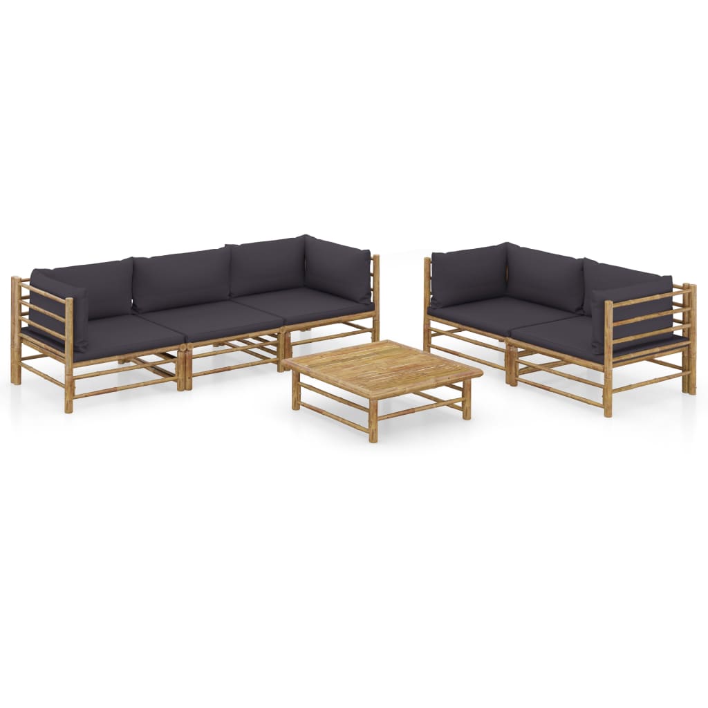 Set mobilier de gradina cu 6 piese cu perne gri inchis, vidaXL, Bambus, 65 x 65 x 30 cm, Maro