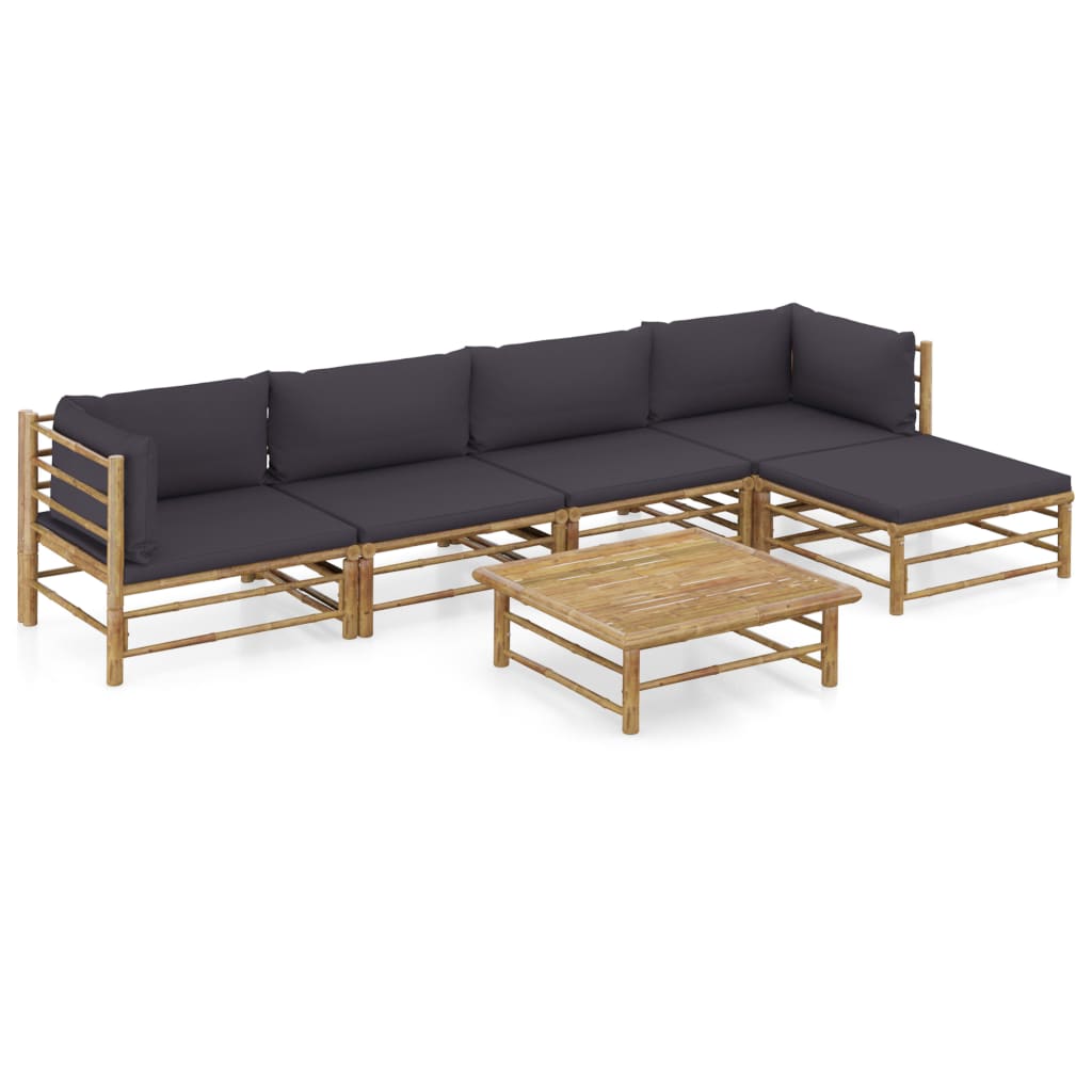 Set mobilier de gradina din 6 piese cu 11 perne colorate gri inchis, vidaXL, Bambus, 65 x 70 x 60 cm, Maro