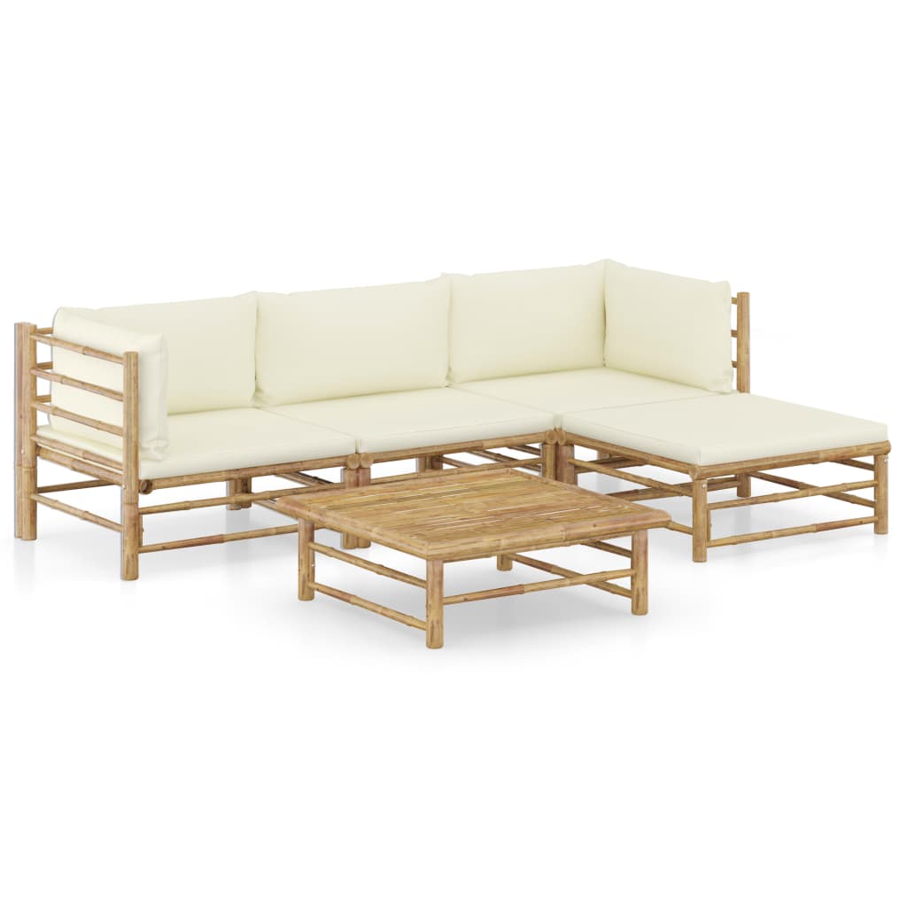 Set mobilier de gradina cu 5 piese cu 9 perne incluse, vidaXL, Bambus, 65 x 70 x 60 cm, Maro/Crem
