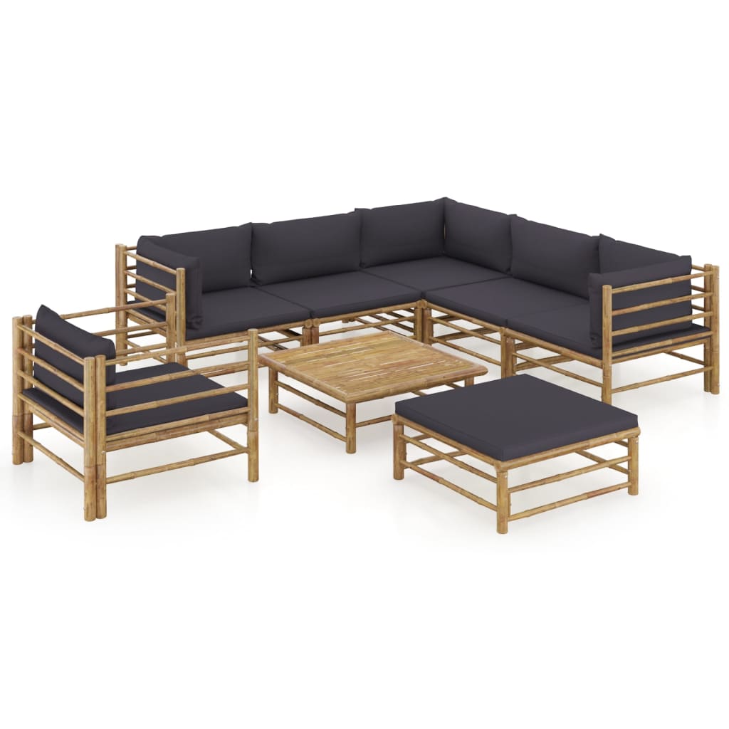 Set mobilier de gradina cu 8 piese cu perne gri inchis, vidaXL, Bambus, 65 x 70 x 60 cm, Maro