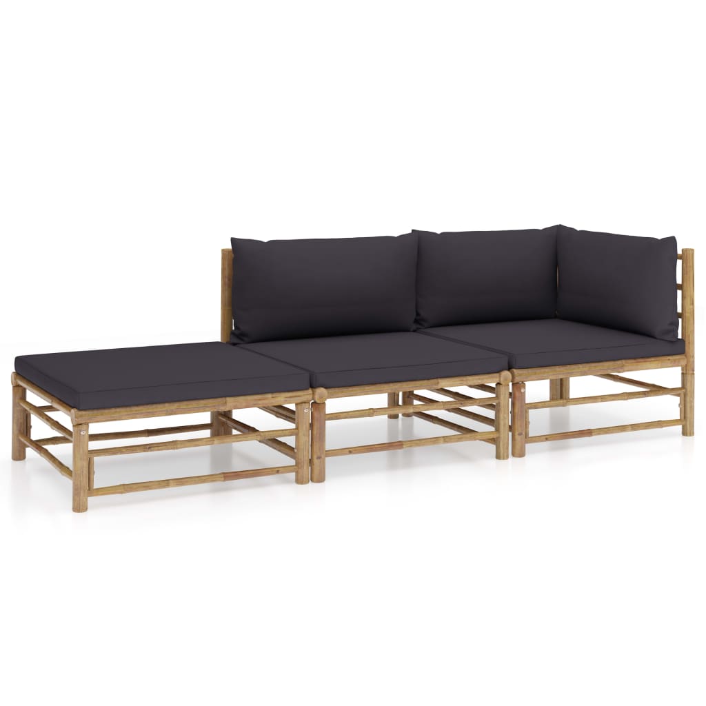 Set mobilier de gradina cu 3 piese cu perne gri inchis, vidaXL, Bambus, 65 x 70 x 60 cm, Maro