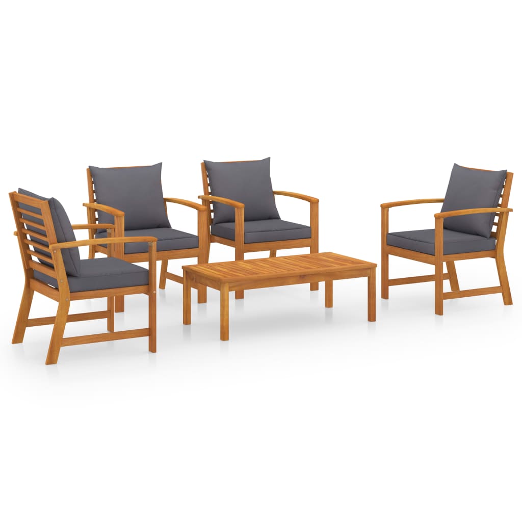 Set mobilier de gradina cu 5 piese cu perne gri inchis incluse, vidaXL, Lemn de acacia, 100 x 50 x 33 cm, Maro