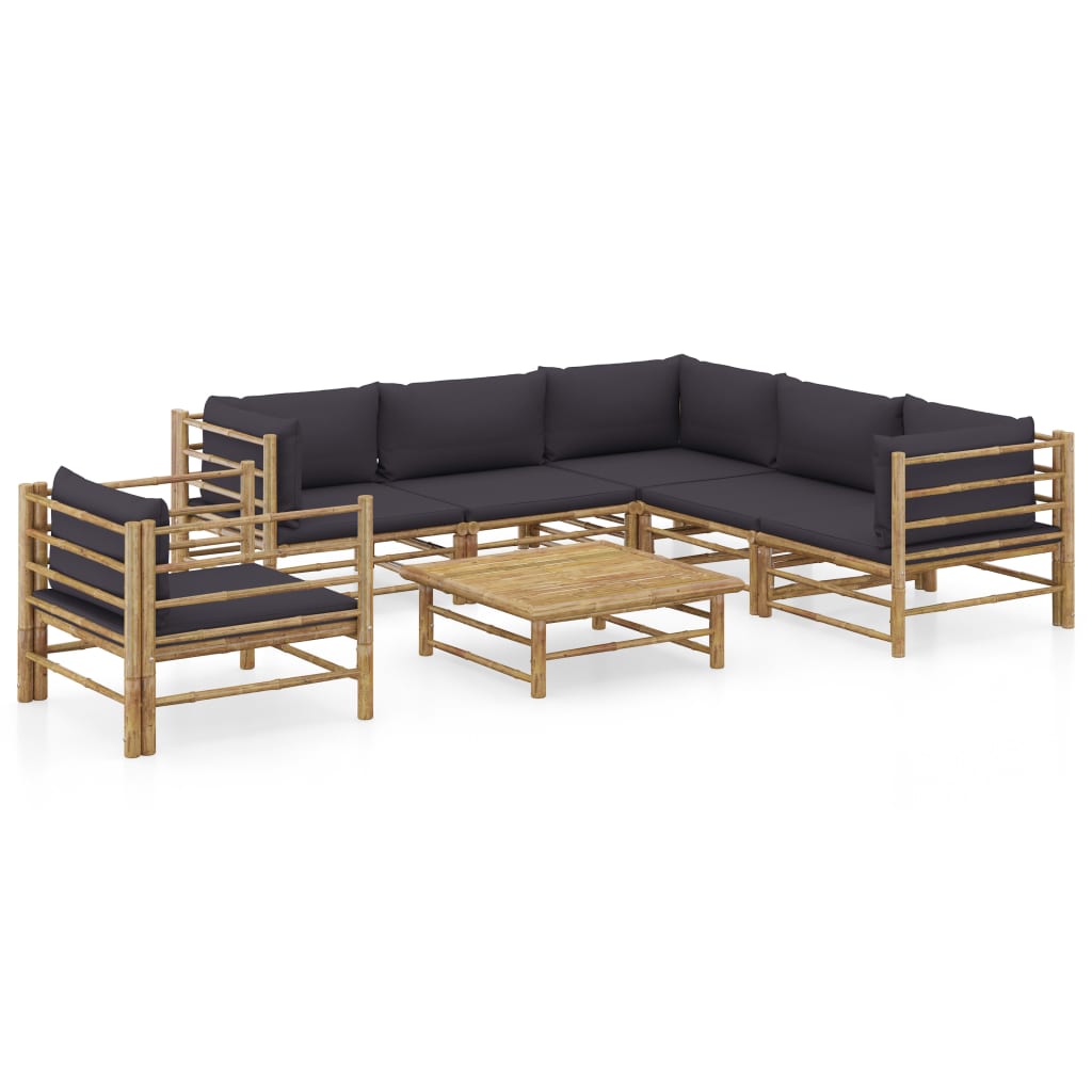 Set mobilier de gradina cu 7 piese cu perne gri inchis, vidaXL, Bambus, 65 x 70 x 60 cm, Maro
