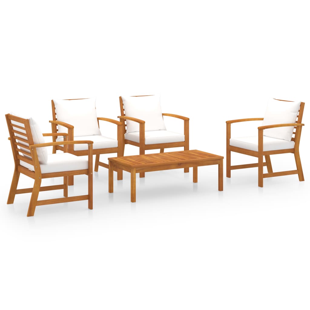 Set mobilier de gradina cu 5 piese cu perne crem incluse, vidaXL, Lemn de acacia, 100 x 50 x 33 cm, Maro