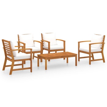 Set mobilier de gradina cu 5 piese cu perne crem incluse, vidaXL, Lemn de acacia, 100 x 50 x 33 cm, Maro Set mobilier de gradina cu 5 piese cu perne crem incluse, vidaXL, Lemn de acacia, 100 x 50 x 33 cm, Maro