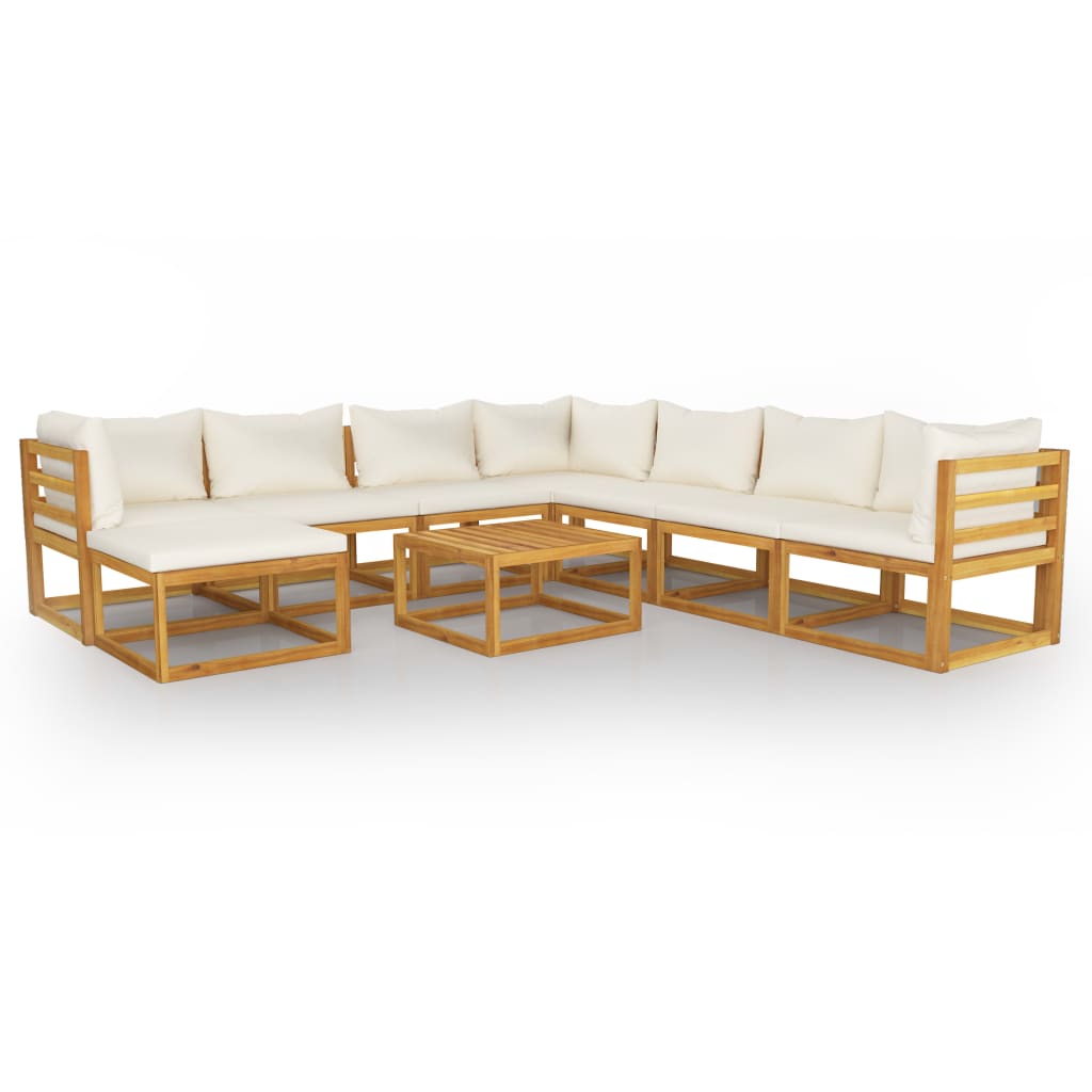 Set mobilier de gradina cu 10 piese cu perne crem incluse, vidaXL, Lemn de acacia, 68 x 68 x 29 cm, Crem