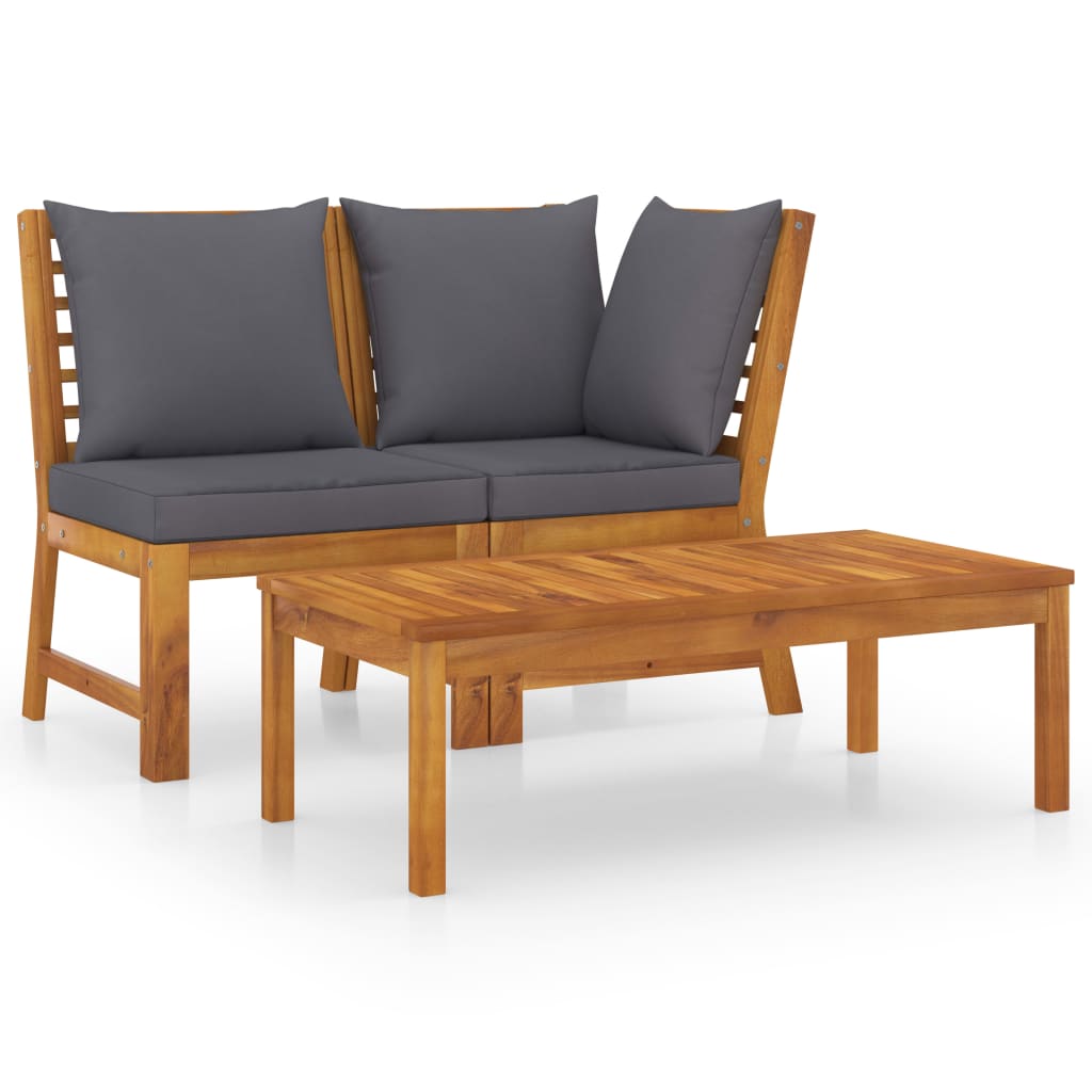 Set mobilier de gradina cu 3 piese cu perne gri inchis, vidaXL, Lemn de acacia, 100 x 50 x 33 cm, Maro