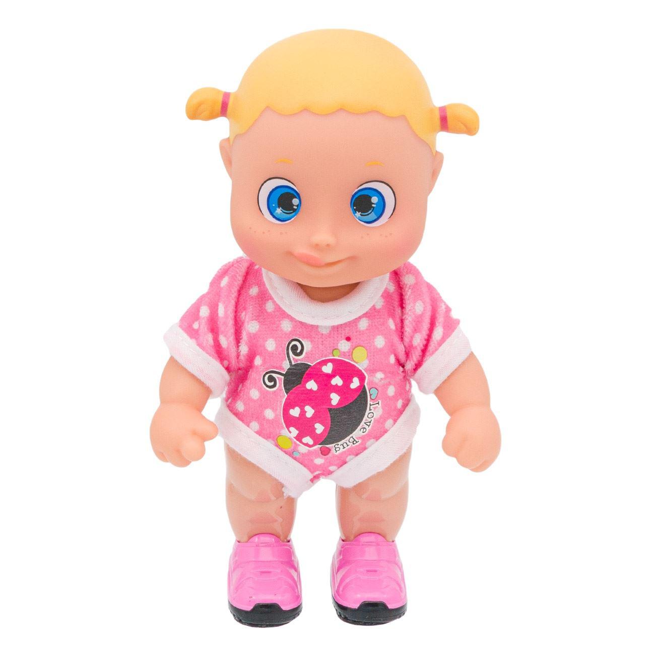 Papusa bebelus fetita,realistica,cu pijama roz cu buburuza si doua codite,abilitatea de a merge,dimensiune 13x7x22 cm