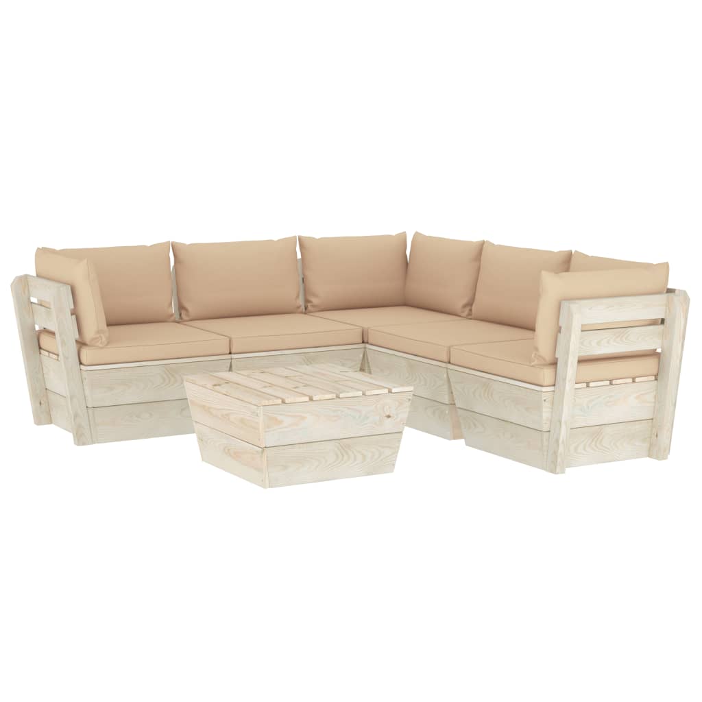 Set mobilier de gradina din paleti cu spatar din 6 piese cu perne colorate incluse, vidaXL, Lemn, 60 x 60 x 65 cm, Bej
