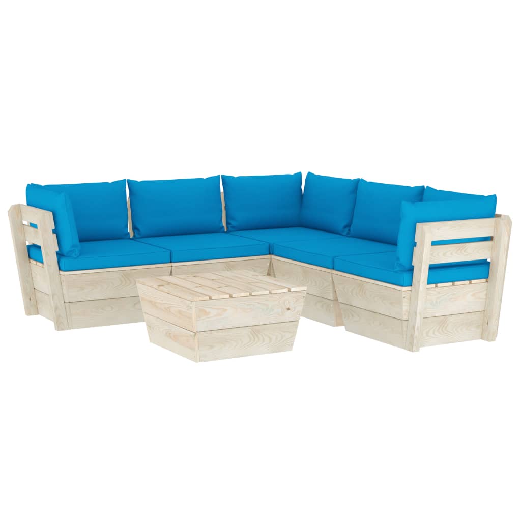 Set mobilier de gradina din paleti cu spatar din 6 piese cu perne colorate incluse, vidaXL, Lemn, 60 x 60 x 65 cm, Albastru deschis