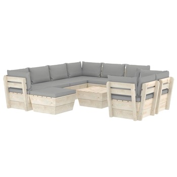 Set mobilier de gradina din paleti cu 10 piese cu perne colorate incluse, vidaXL, Lemn, 60 x 60 x 65 cm, Gri Set mobilier de gradina din paleti cu 10 piese cu perne colorate incluse, vidaXL, Lemn, 60 x 60 x 65 cm, Gri