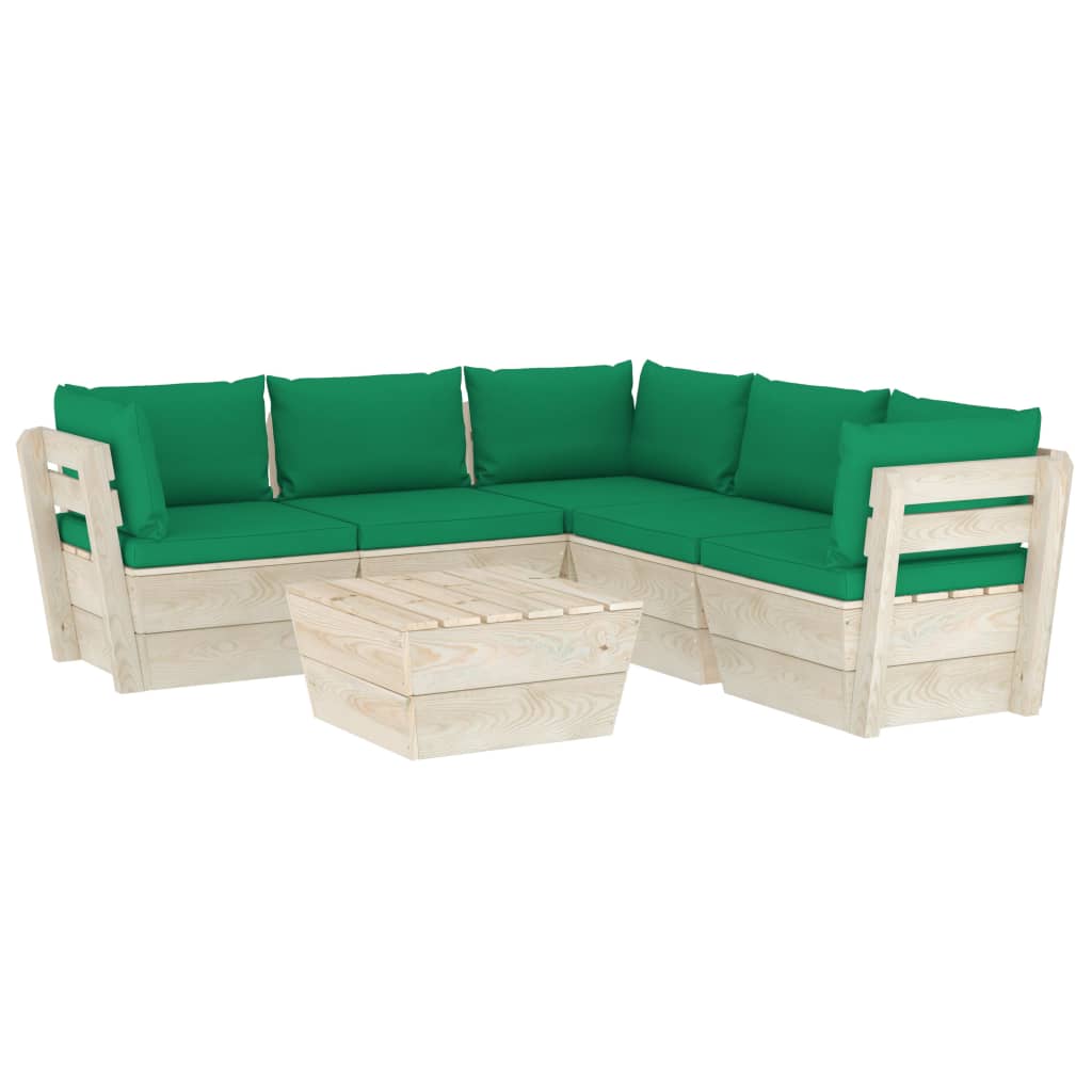 Set mobilier de gradina din paleti cu spatar din 6 piese cu perne colorate incluse, vidaXL, Lemn, 60 x 60 x 65 cm, Verde