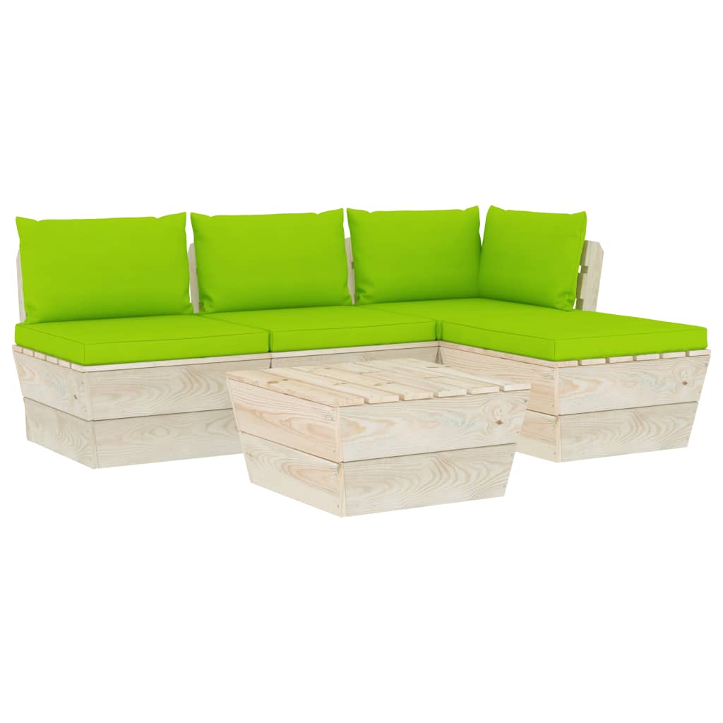Set mobilier de gradina din paleti cu 5 piese cu 8 perne colorate incluse, vidaXL, Lemn, 60 x 60 x 65 cm, Verde deschis