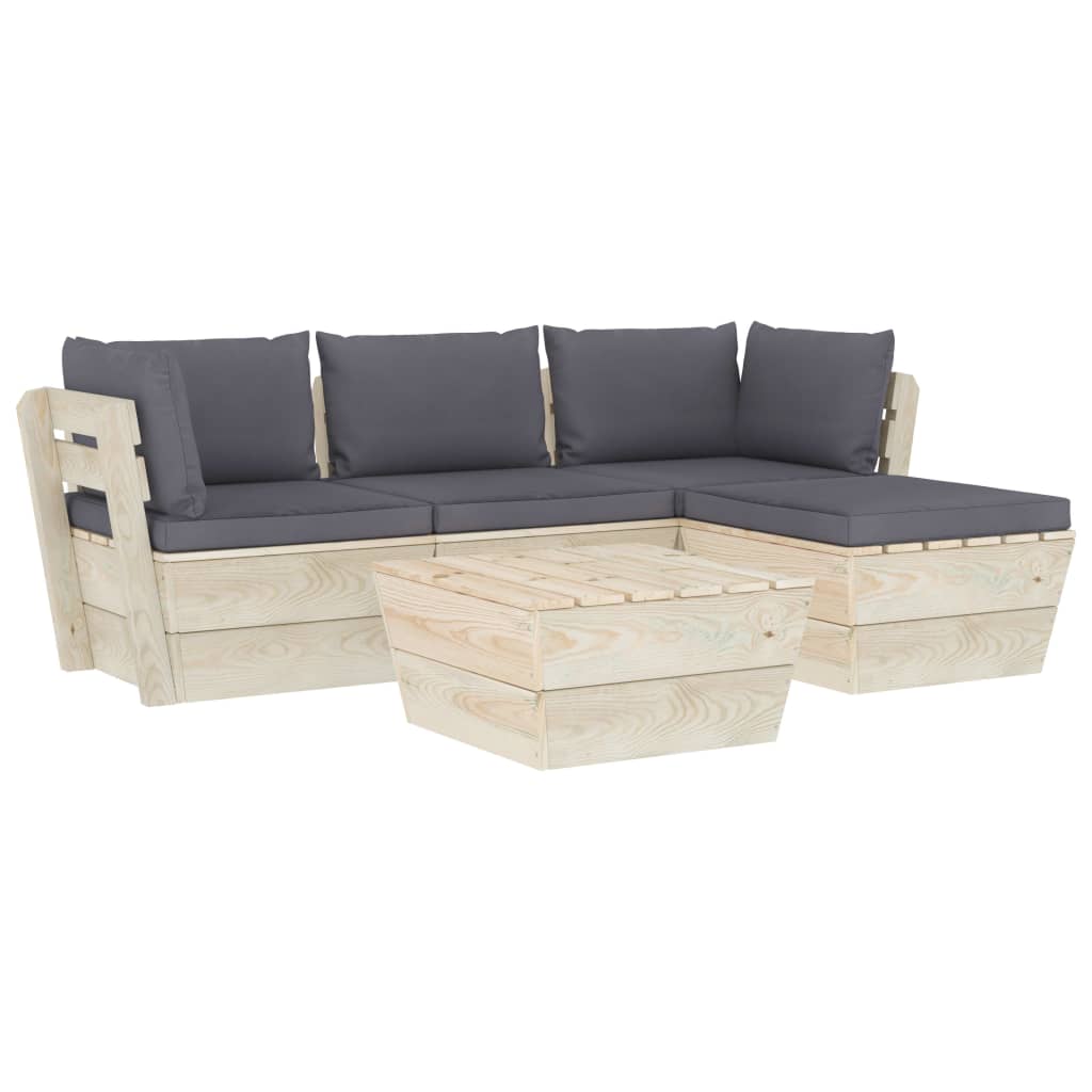 Set mobilier de gradina din paleti cu spatar din 5 piese cu perne colorate incluse, vidaXL, Lemn, 60 x 60 x 65 cm, Gri antracit
