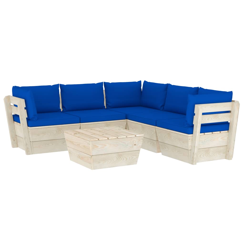 Set mobilier de gradina din paleti cu spatar din 6 piese cu perne colorate incluse, vidaXL, Lemn, 60 x 60 x 65 cm, Albastru