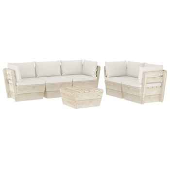 Set mobilier de gradina din paleti cu 6 piese cu perne crem, vidaXL, Lemn, 60 x 60 x 65 cm, Crem Set mobilier de gradina din paleti cu 6 piese cu perne crem, vidaXL, Lemn, 60 x 60 x 65 cm, Crem