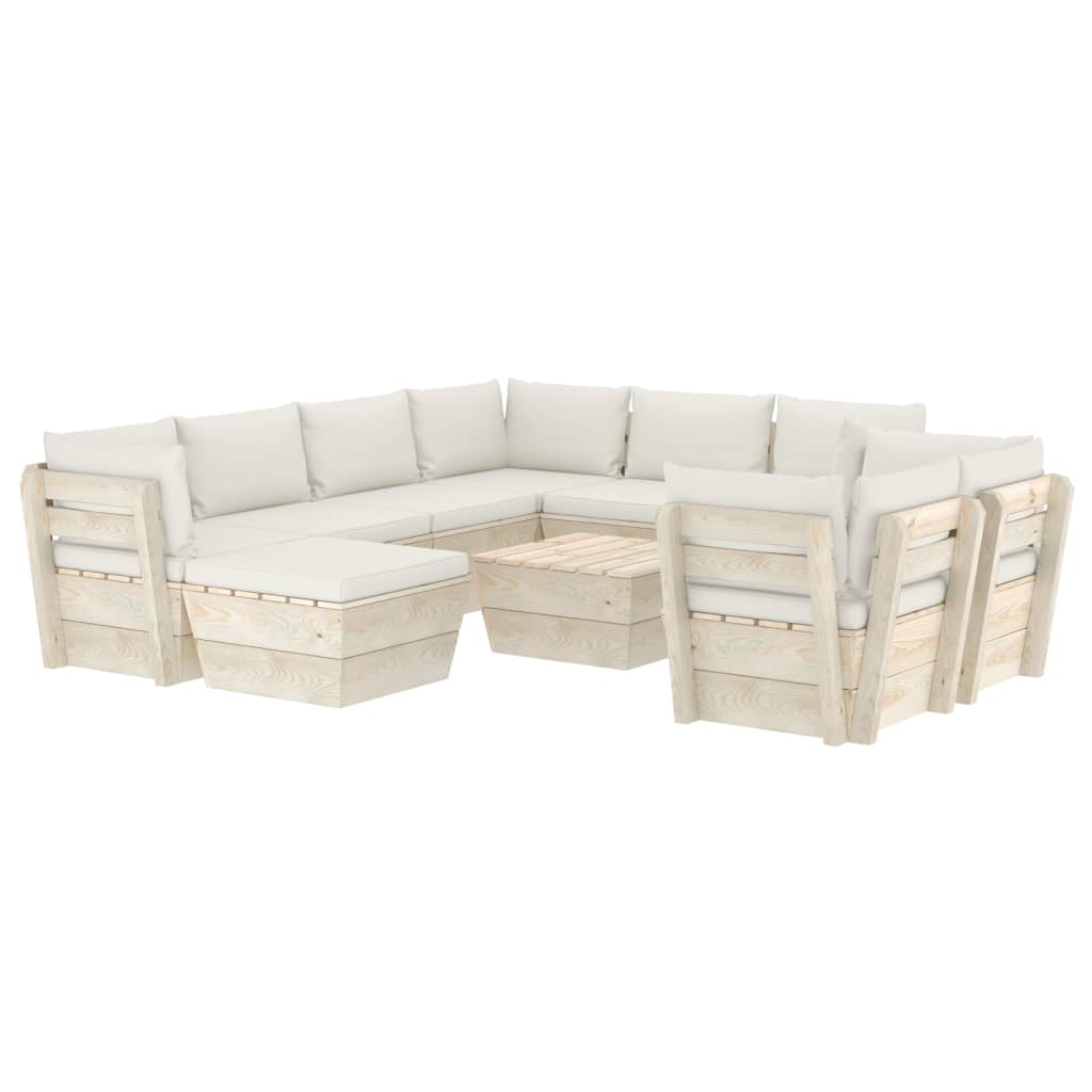 Set mobilier de gradina din paleti cu 10 piese cu perne colorate incluse, vidaXL, Lemn, 60 x 60 x 65 cm, Crem