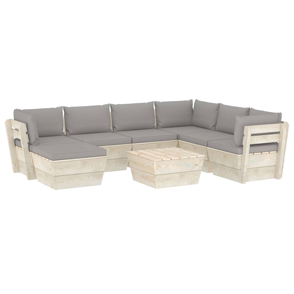 Set mobilier de gradina din paleti cu 8 piese cu perne colorate incluse, vidaXL, Lemn, 60 x 60 x 65 cm, Gri