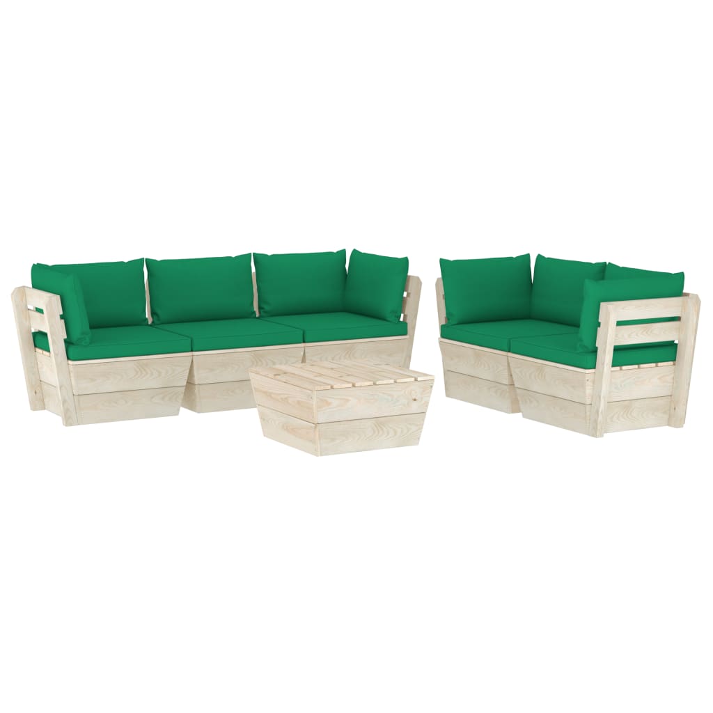 Set mobilier de gradina din paleti cu 6 piese cu perne verzi, vidaXL, Lemn, 60 x 60 x 65 cm, Verde