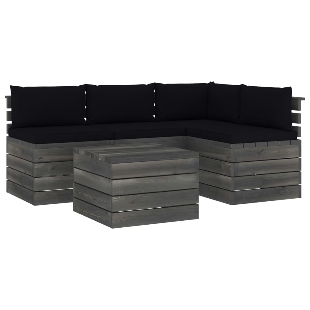 Set mobilier de gradina din 5 piese cu 9 perne colorate incluse, vidaXL, Lemn, 60 x 65 x 71.5 cm, Negru