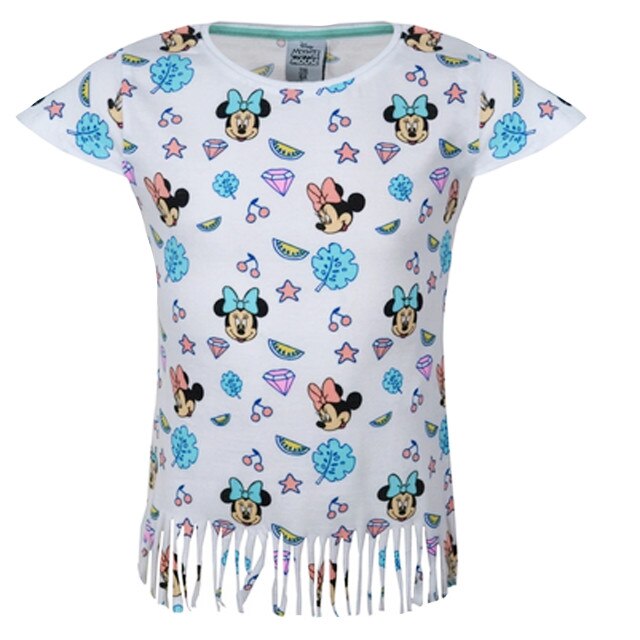 Tricou cu franjuri, Minnie Mouse, alb cu turcoaz