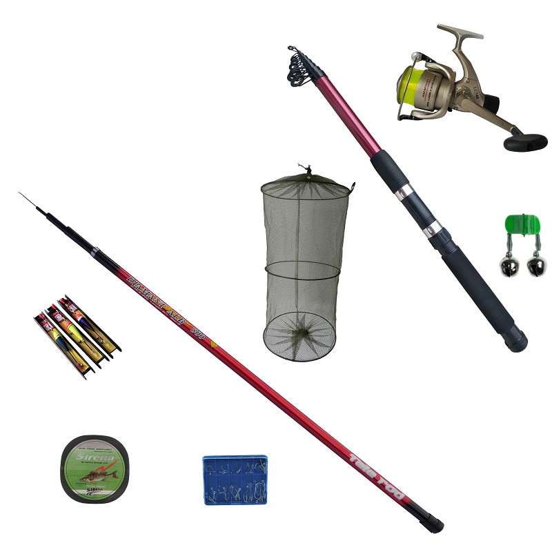 Pachet undita telescopica 6 m, lanseta telescopica 3.6 m, mulineta LC540, juvelnic, 3 linii, fir 100 m, cutie carlige si clopotel