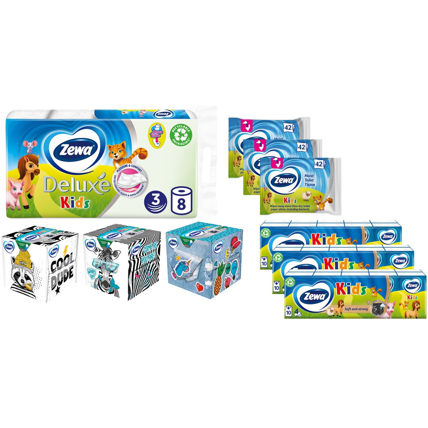 Pachet promo Zewa Kids: Hartie igienica Kids 3 straturi, 8 role + 3 pachete Batiste nazale Kids, 10 bucati, 4 straturi + 3 pachete Servetele faciale Kids, 60 bucati, 3 straturi + 3 pachete Hartie igienica umeda Kids, 42 bucati