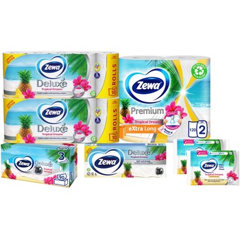 Pachet promo Zewa Tropical Dreams: 2 pachete Hartie igienica Deluxe 3 straturi, 10 role + Role bucatarie, 2 straturi, 2 role + Batiste nazale, 3 straturi, 10 bucati + Servetele faciale, 3 straturi, 90 bucati + 2 pachete Hartie igienica umeda, 42 bucati Pachet promo Zewa Tropical Dreams: 2 pachete Hartie igienica Deluxe 3 straturi, 10 role + Role bucatarie, 2 straturi, 2 role + Batiste nazale, 3 straturi, 10 bucati + Servetele faciale, 3 straturi, 90 bucati + 2 pachete Hartie igienica umeda, 42 bucati