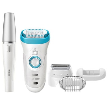 Epilator Braun Silk-epil SE9558 + Epilator Facial cadou, 40 pensete, 4 accesorii, Acumulator, Alb/Albastru Epilator Braun Silk-epil SE9558 + Epilator Facial cadou, 40 pensete, 4 accesorii, Acumulator, Alb/Albastru