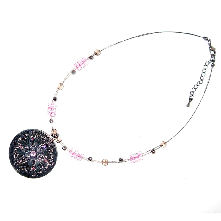 Colier bijuterie metalic cu margele roz de dama FashionBijoux
