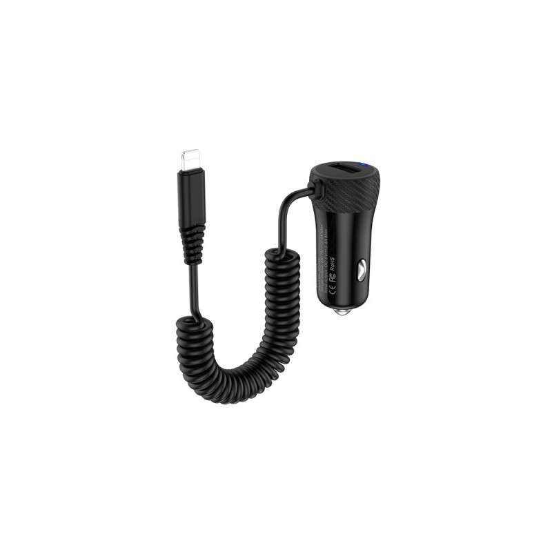 Incarcator Auto Hoco Cu Cablu Lightning Spirala, 1 X Usb, 2.1a, Negru - Z21a