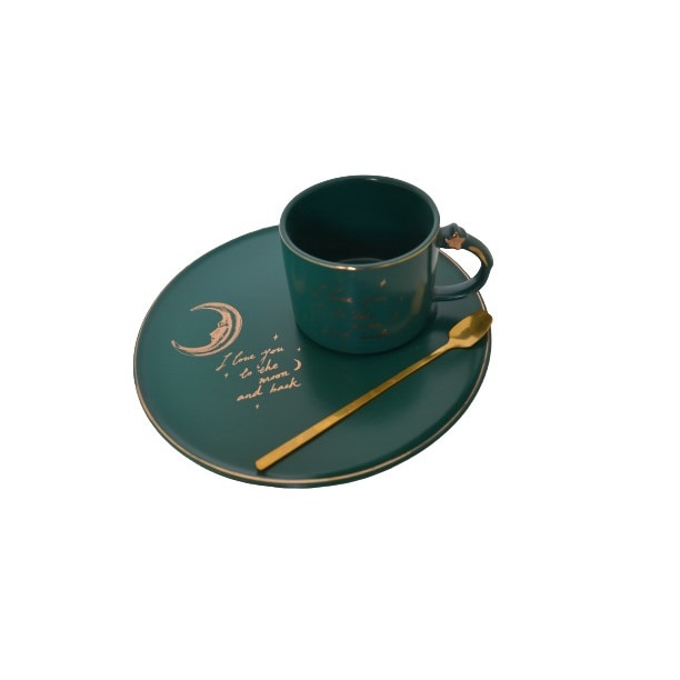Set cana de cafea cu farfurie si lingurita, Glorybird, verde 200 ml