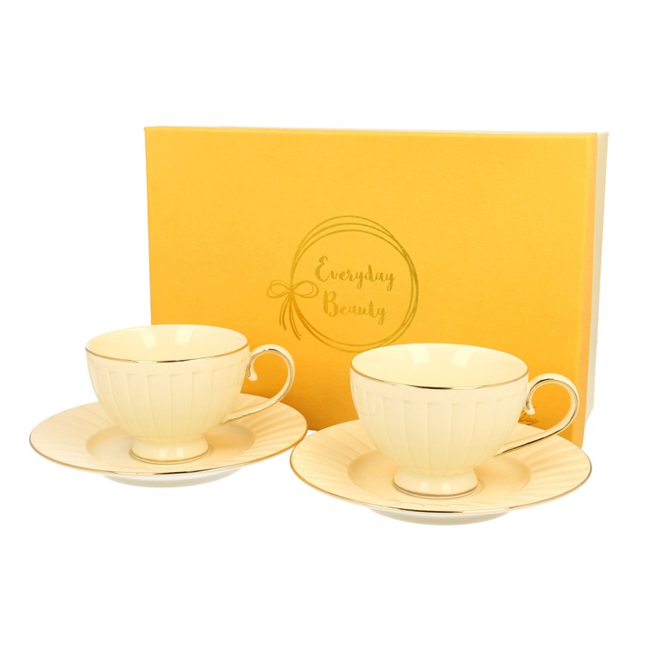 Set de 2 cesti si farfurie, Duo Nina portelan, 220 ml