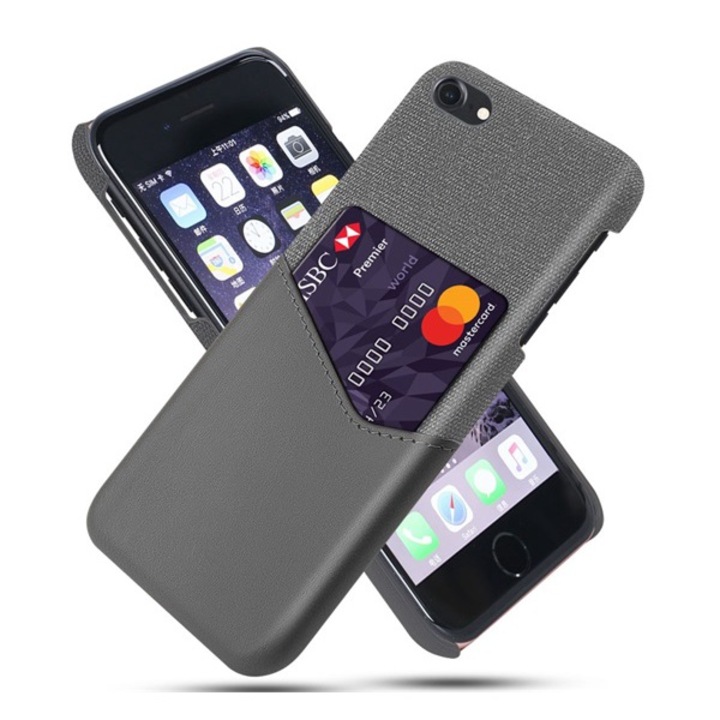 Gigapack műanyag mobiltelefon tok, ütésállóság, kártyazseb, textil bevonat, bőr hatású hátlap, sötétszürke, kompatibilis: Apple iPhone SE 3, 2022, / iPhone 8 4.7 / iPhone 7 4.7