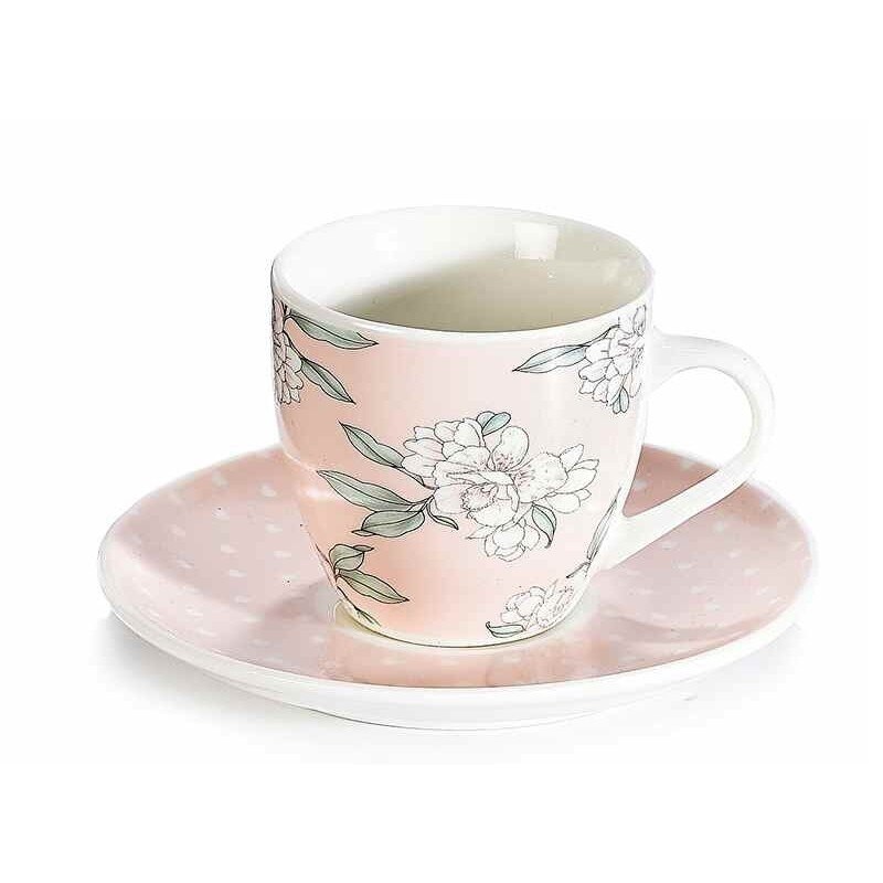 Ceasca cu farfurioara portelan cu decor floral alb Ø 6 cm x 5 h