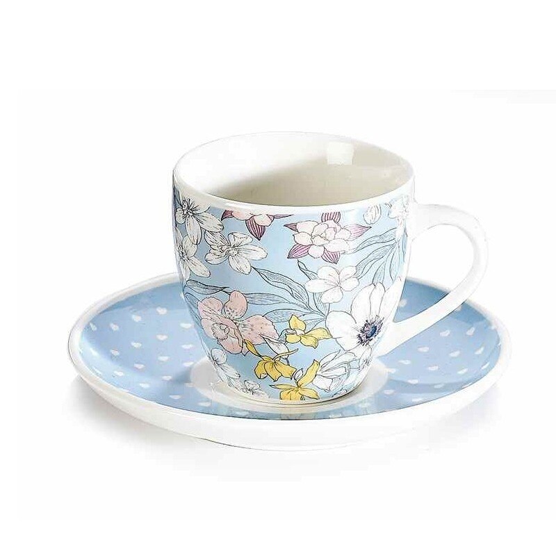 Ceasca cu farfurioara portelan cu decor floral albastru Ø 6 cm x 5 h