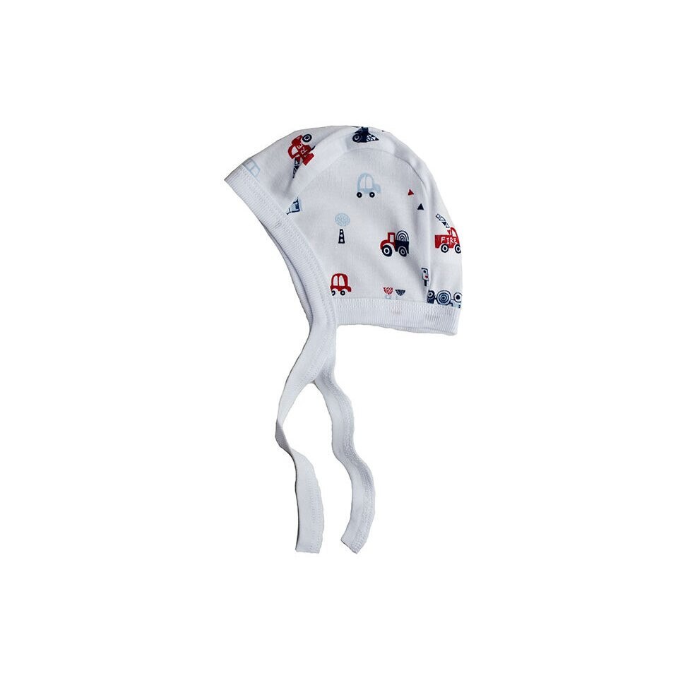 Caciulita bebe, alba cu masinute albastre 40 cm