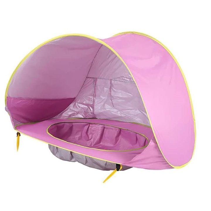 Преносима лятна бебешка палатка, водоустойчив навес на плажа, с басейн, UPF 50+ UV защита, деца 3-48 месеца, (розов)