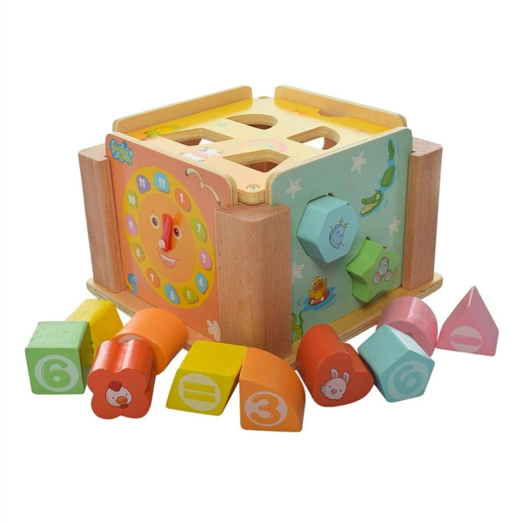 Cub sortator cu ceas, forme geometrice cu cifre si animale