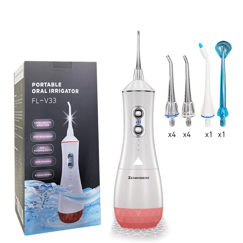 Irigator Oral Profesional ZENKABEAT Portabil pentru Dus Bucal, 9 Programe de Lucru, 1800 Impulsuri/min, 10 Capete, Rezervor 320ml, IPX7 Waterproof, Alb