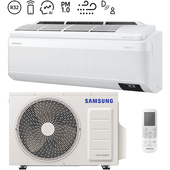 Aparat de aer conditionat Samsung WindFree Pure 1.0 Wi-Fi 12000 BTU, Clasa A++, AI Auto Comfort, Fast cooling, Compresor Inverter, AR12CXKAAWKNEU/AR12AXKAAWKXEU, Alb