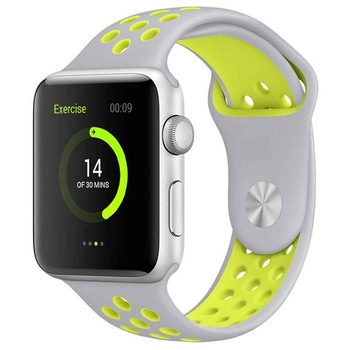 Curea Silicon pentru Apple Watch 6/5/4/3/2/1, Edition, Sport, Nike+, 44 mm diagonala, Silver / Verde Curea Silicon pentru Apple Watch 6/5/4/3/2/1, Edition, Sport, Nike+, 44 mm diagonala, Silver / Verde