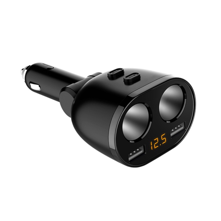 Incarcator auto 2xUSB (1x2.4A si 1x1A) si 2x priza bricheta auto cu afisaj tensiune/putere led